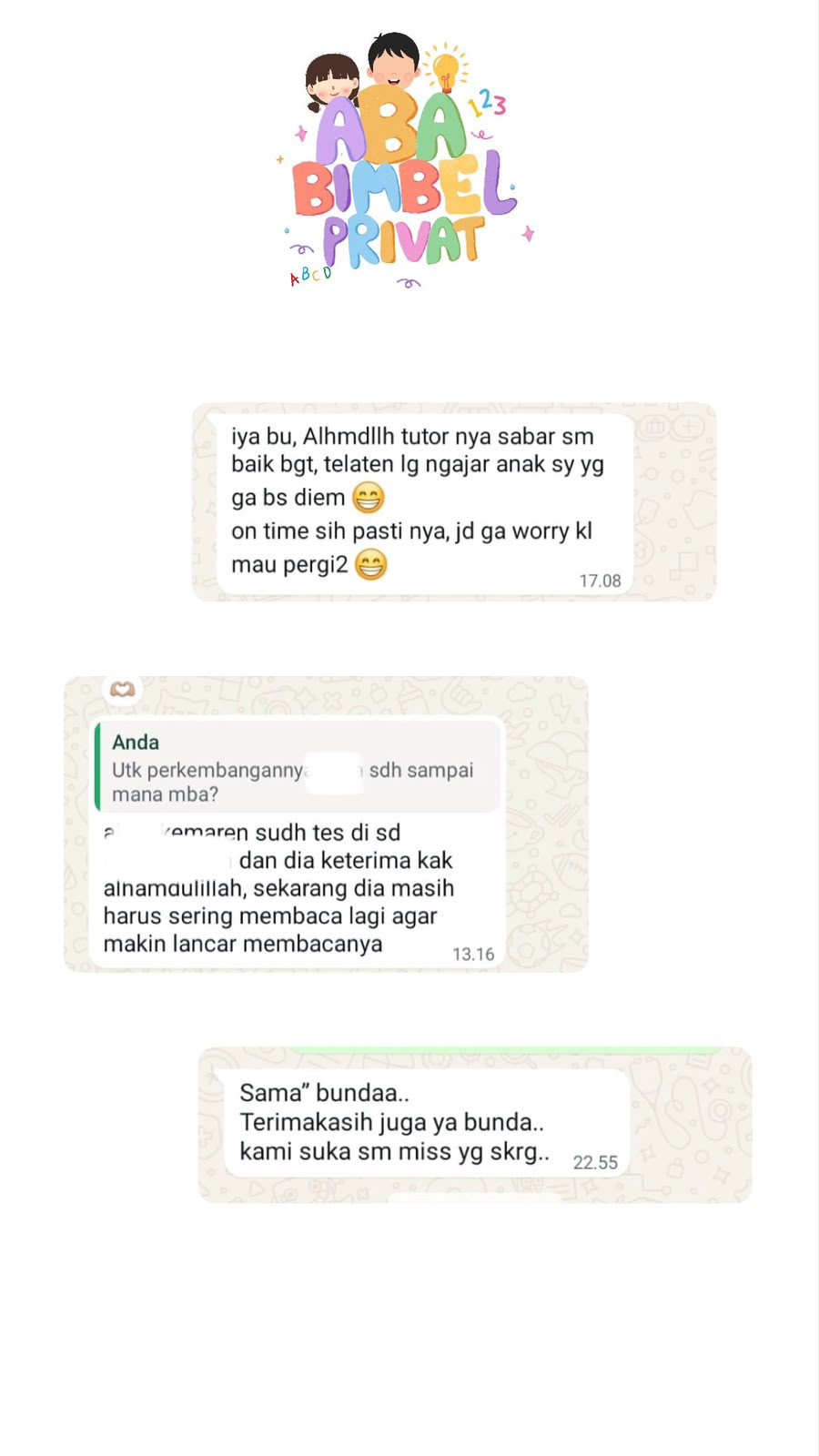 Testimoni orang tua murid ABA Bimbel Privat
